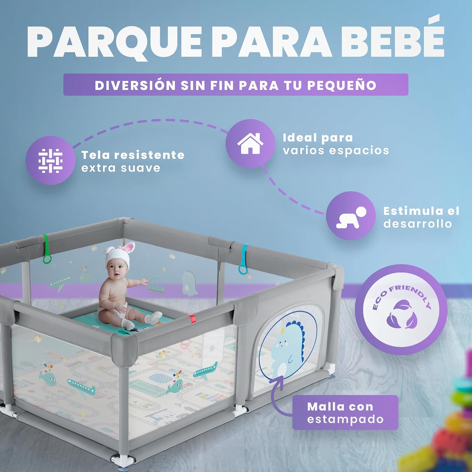 Detalle 2 de JUPPLIES Parque Infantil Bebé 150x180cm 🌟 con Alfombra y Agarraderas