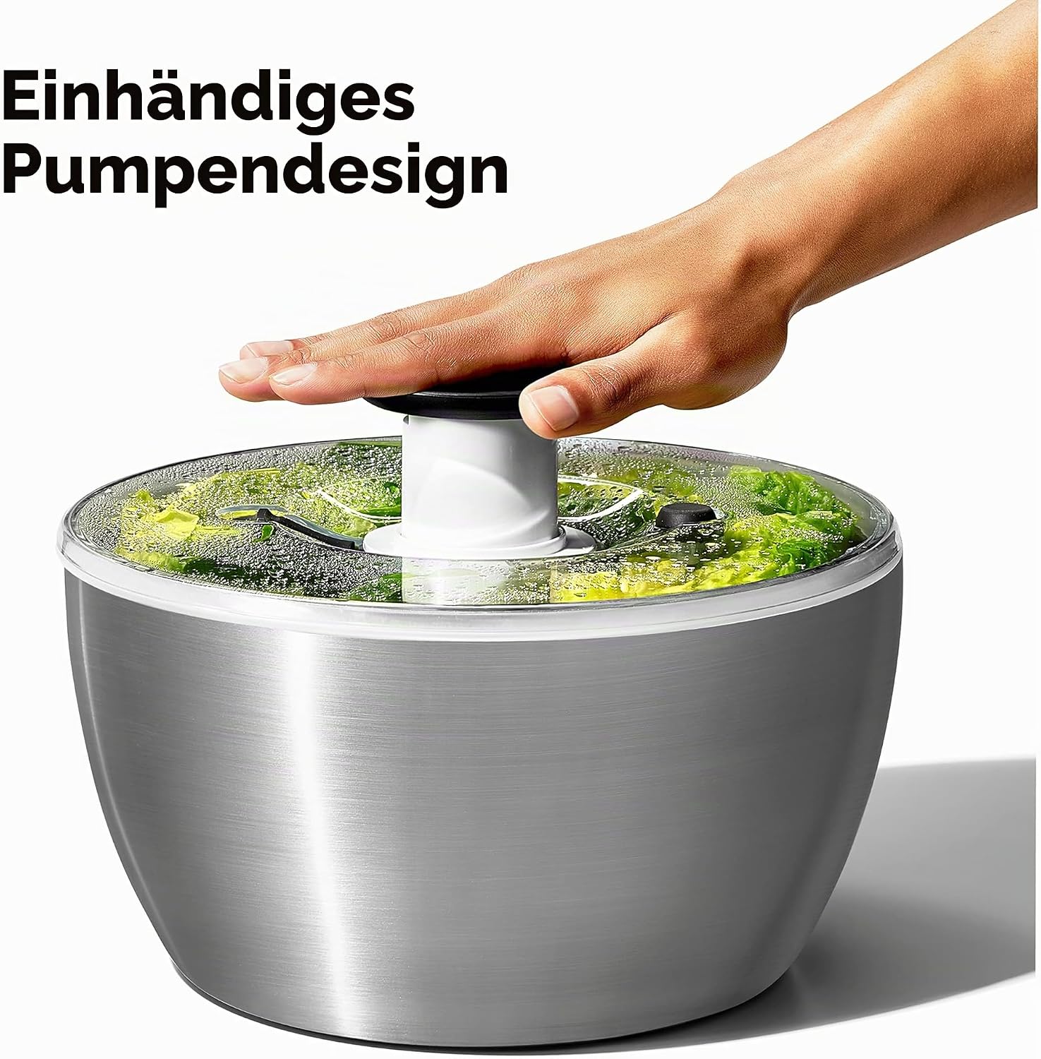 Detalle de OXO Steel Salatschleuder aus Edelstahl mit Deckel – Einhand-Pumpe, integrierte Bremse, Korb auch als Sieb verwendbar
