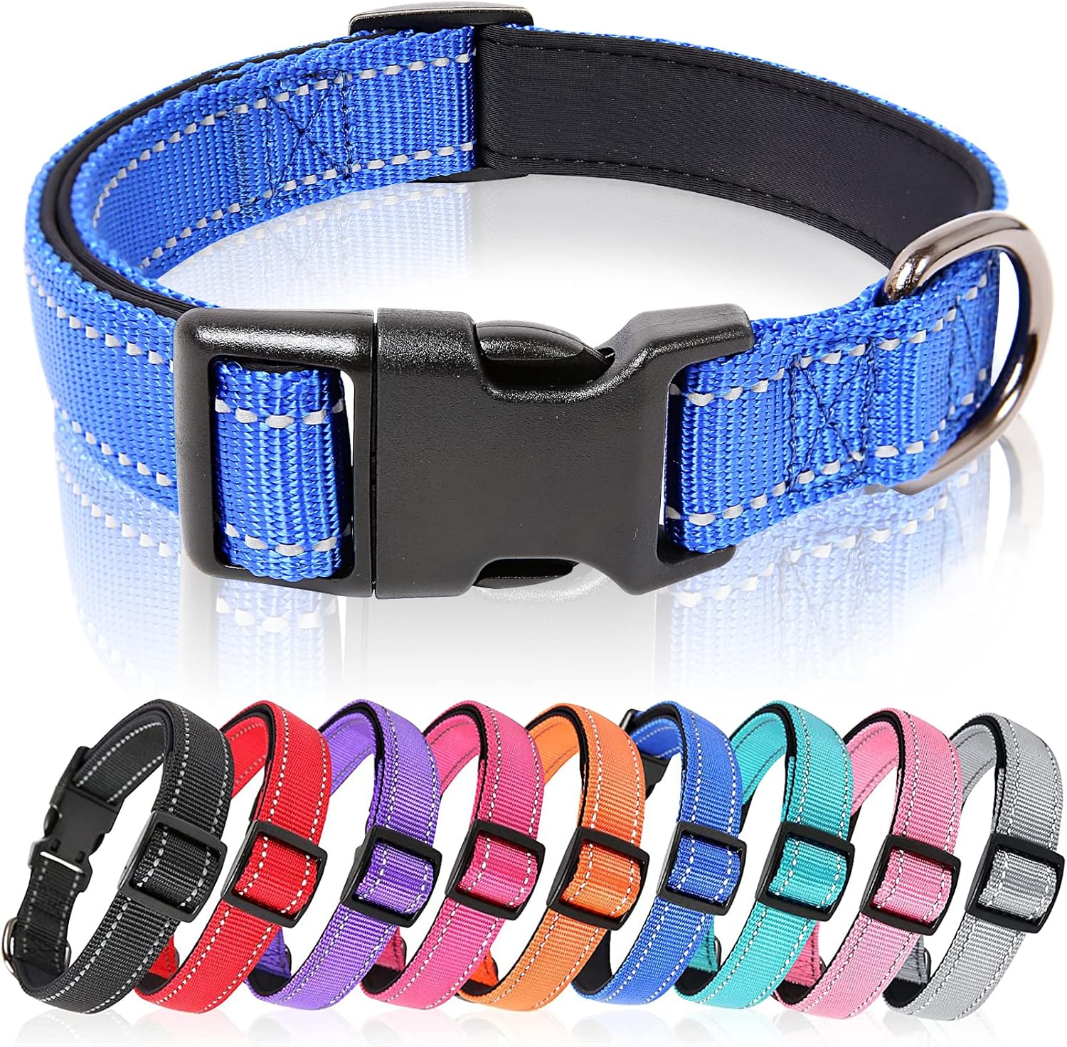 Detalle de HEELE Hundehalsband aus Nylon mit reflektierenden Band, Neopren gepolstert – Königsblau, Größe M (34–52 cm)