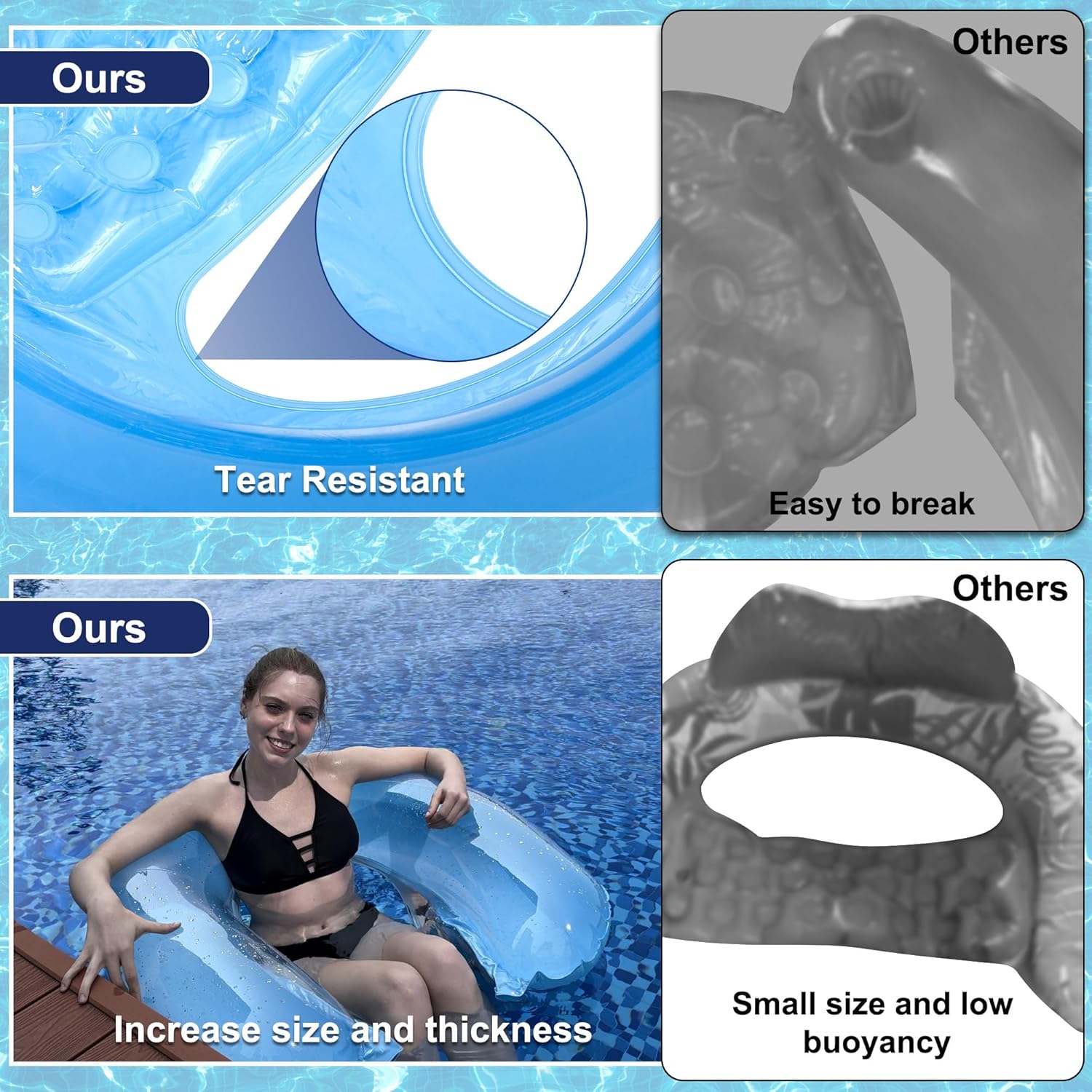 Detalle de PuppyuWill 3-Pack Adult Pool Float Chair Loungers (52 x 38 in) — Minimalist U-Shaped Inflatable Pool Floats