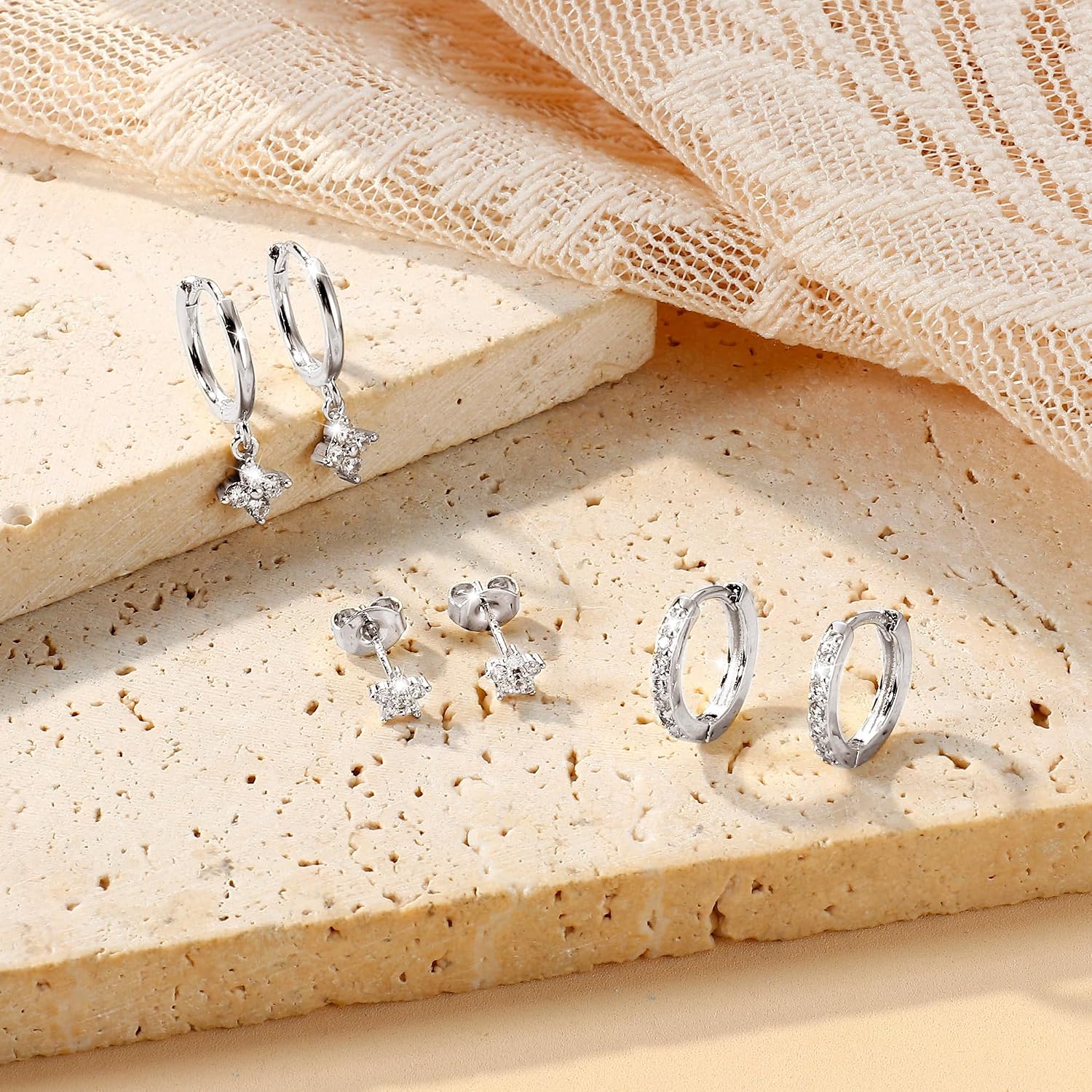 Thumbnail 6 de Diamday 3 Pairs Sterling Silver Earrings for Women – Stud and Hoop Set