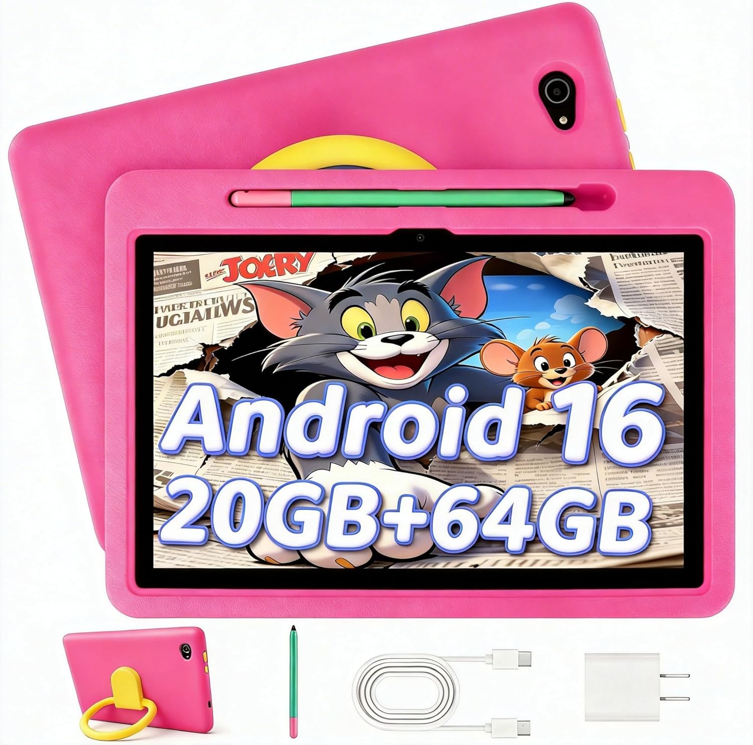 Laptok Tablet Bambini 10'' con Controlli Parentali e Custodia Rosa – Android 16, 20GB RAM, ESPANDE fino a 1TB