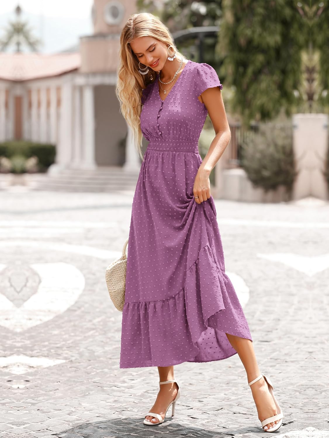 Detalle de PRETTYGARDEN Boho Swiss Dot Maxi Dress for Women (V Neck, Ruffle Hem, Smocked Waist)