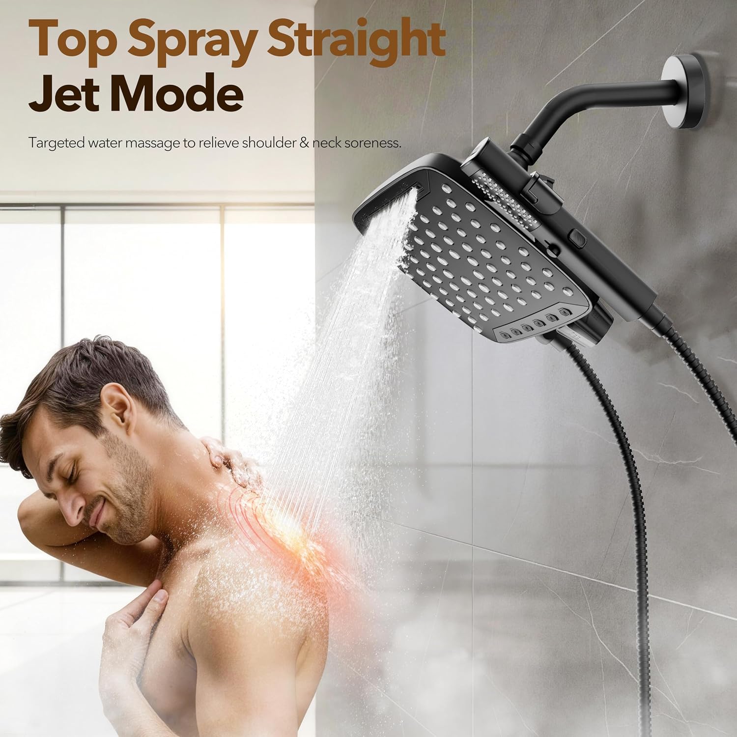 Detalle de JDO Z16002-MB Dual Shower Head Combo, 10-Inch Rainfall, 7 Modes, Matte Black