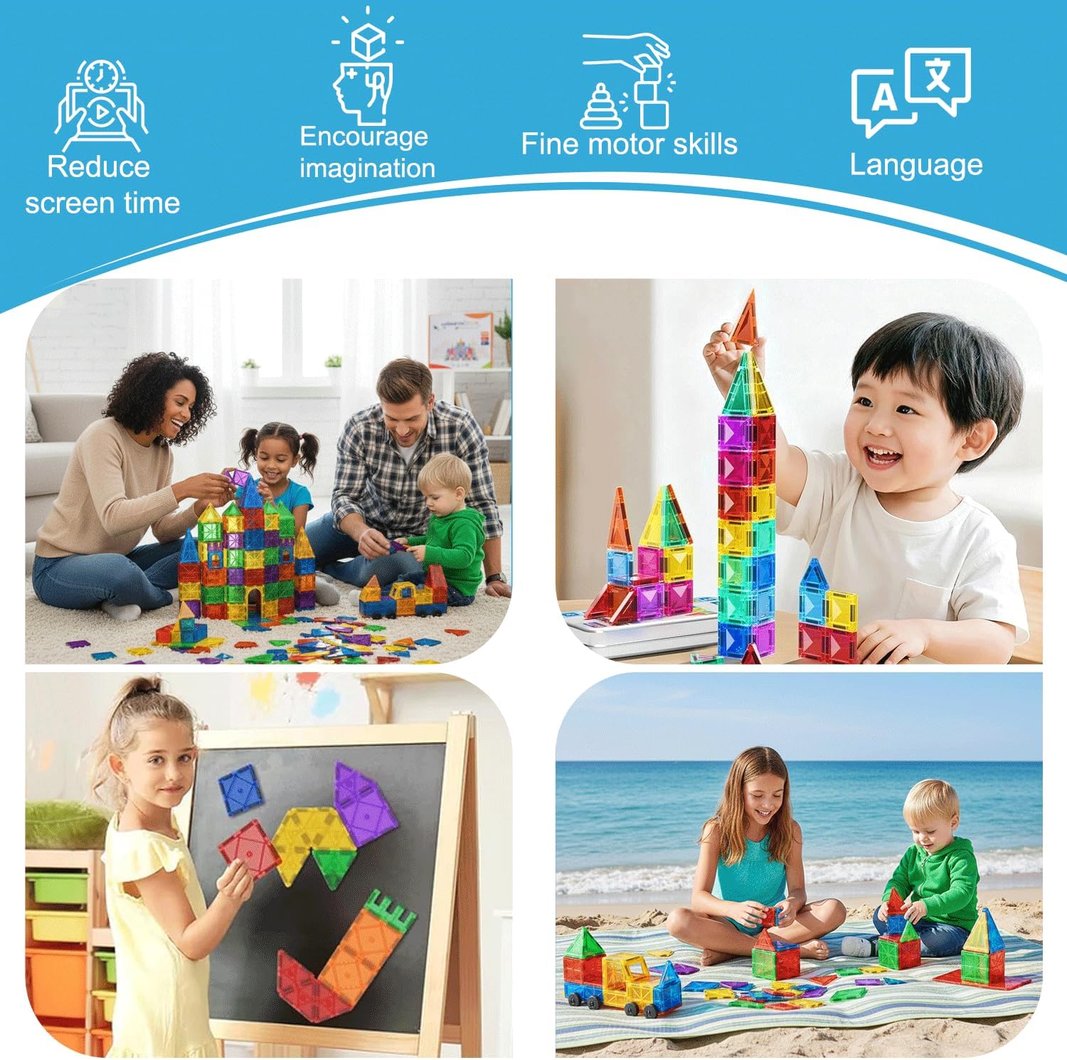 Detalle 2 de Magnetic Tiles for Kids (100 Pieces) with 2 Cars – STEM Building Set