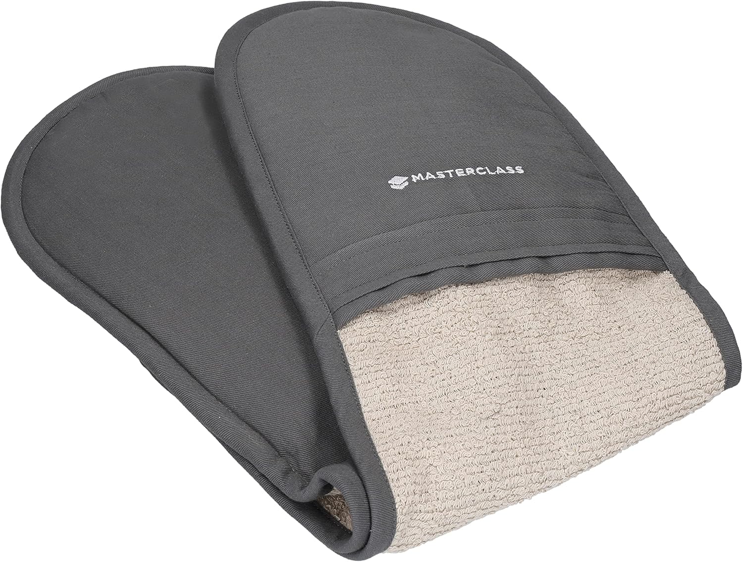 Detalle de MasterClass Deluxe Guanti da forno professionali: guanti bifacciali in cotone grigio, resistenti al calore e extra lunghi