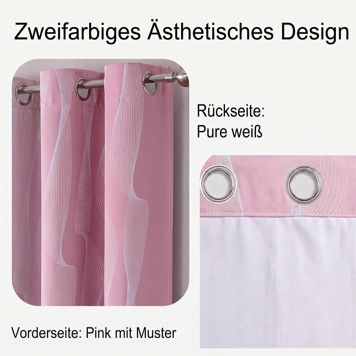 Detalle 1 de Gazal Vole roze-witte ombregordijnen 132 × 244 cm met ringen