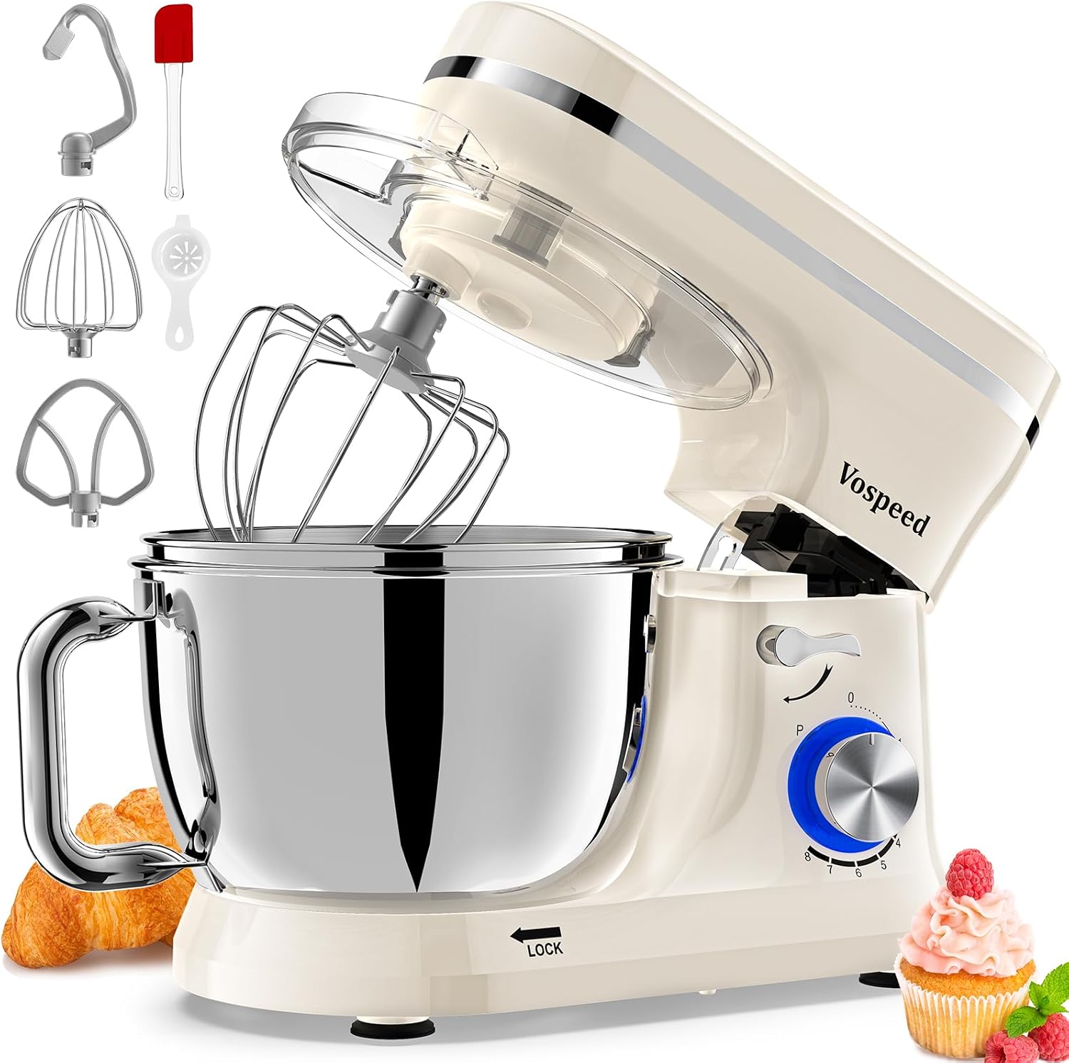 Vospeed Stand Mixer 4.5L + 5L Bowls, 1000W Tilt-Head with Dough Hook, Whisk, Beater and Splash Guard – Cream White