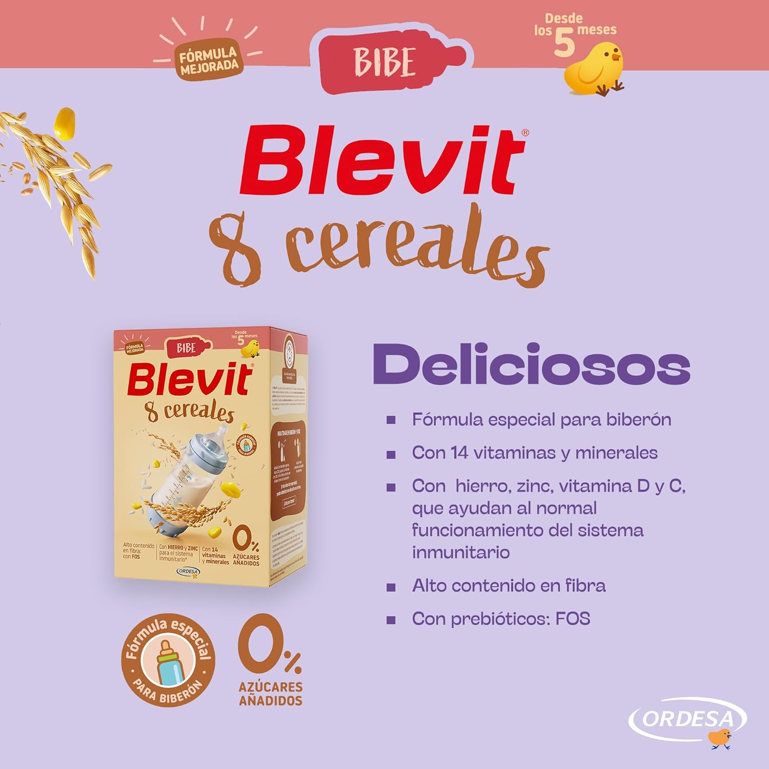 Detalle de Blevit Bibe 8 Cereales (500 g) – Papilla de 8 cereales desde los 5 meses con 14 vitaminas y minerales