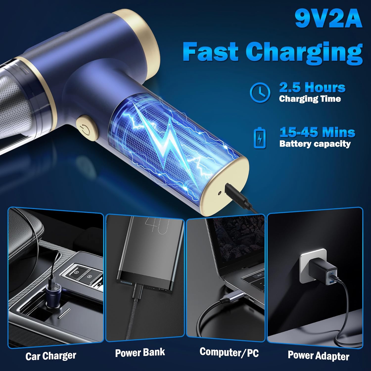 Thumbnail 4 de RLCHFEI 2-in-1 Handheld Car Vacuum Cleaner (21000Pa) with LED Light and 4 Nozzles – Cordless, Type-C Charge
