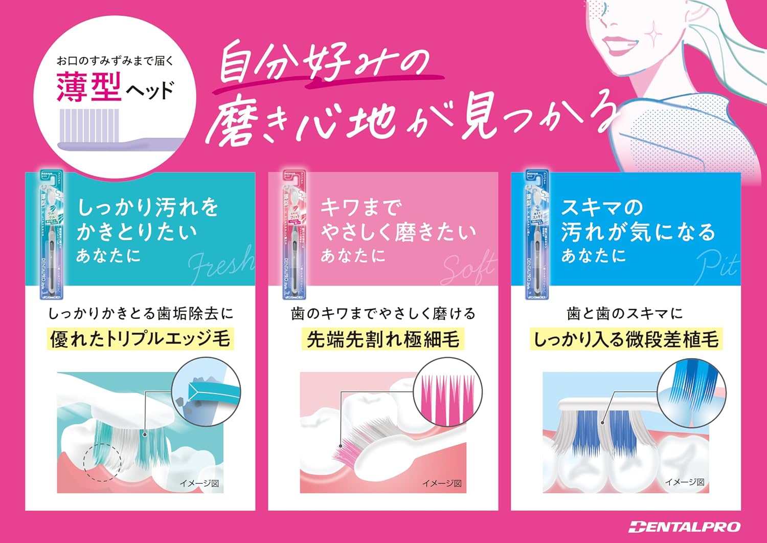 Detalle de デンタルプロ Style pit 歯ブラシ ふつう・コンパクト薄型ヘッド、段差植毛、4本とフロスピック付き