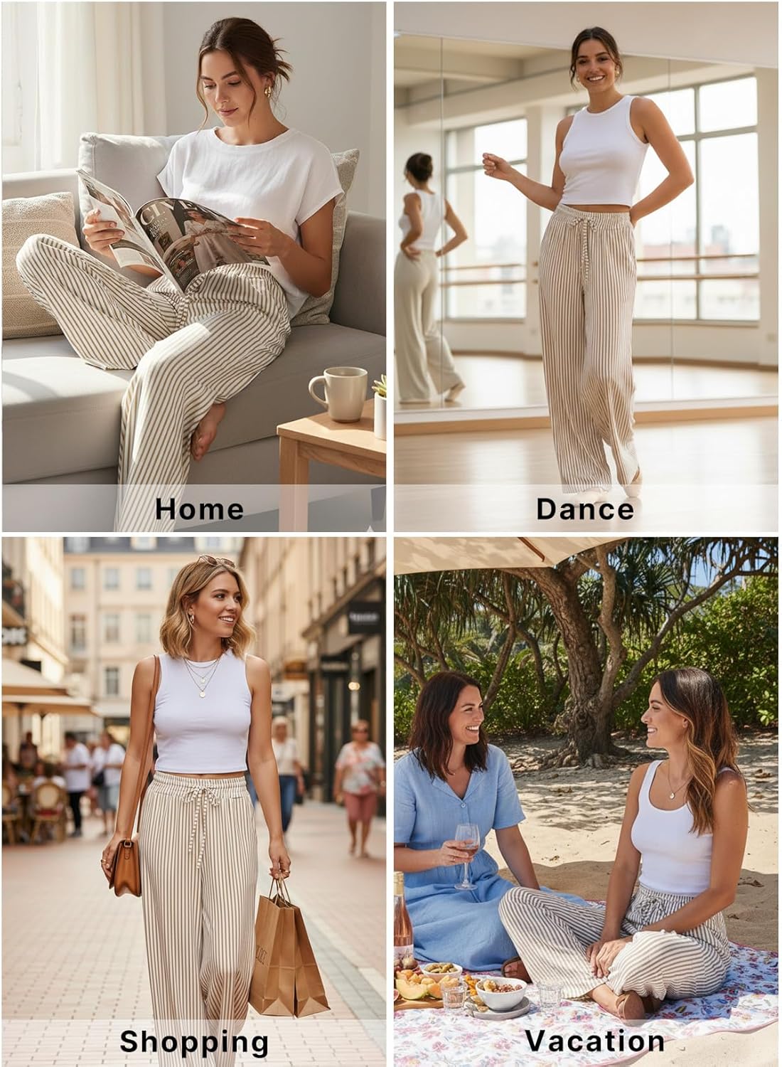 Thumbnail 1 de Acelitt Women Casual Drawstring Elastic Waist Striped Wide-Leg Pants with Pockets (S–XXL)