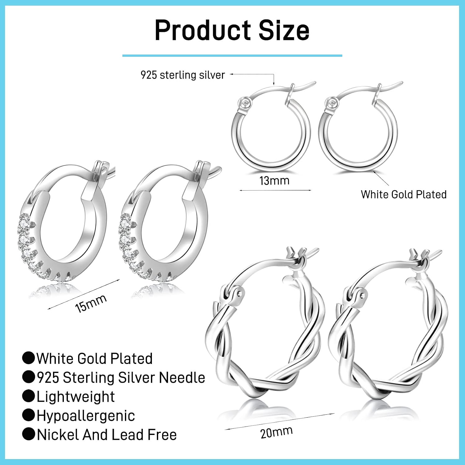 Detalle de PABBEU 5 Pairs Sterling Silver Hoop Earrings for Women - Small Sleeper Hoops