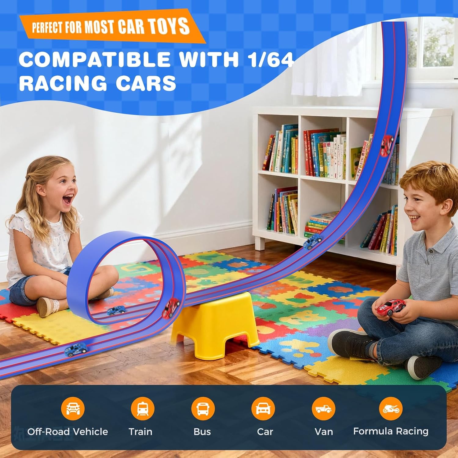 Detalle 2 de TAEMVV 15 Ft Dual Flexible Race Track for Kids — DIY Side-by-Side Car Track with 1/64 Diecast Compatibility