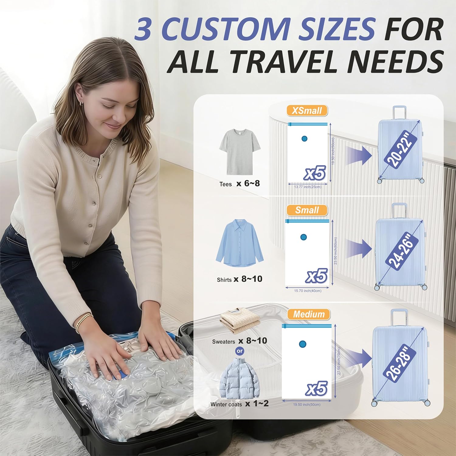 Detalle de Cozy Essential Rechargeable Vacuum Storage Bags Travel Set with USB Cordless Pump (15-Combo)