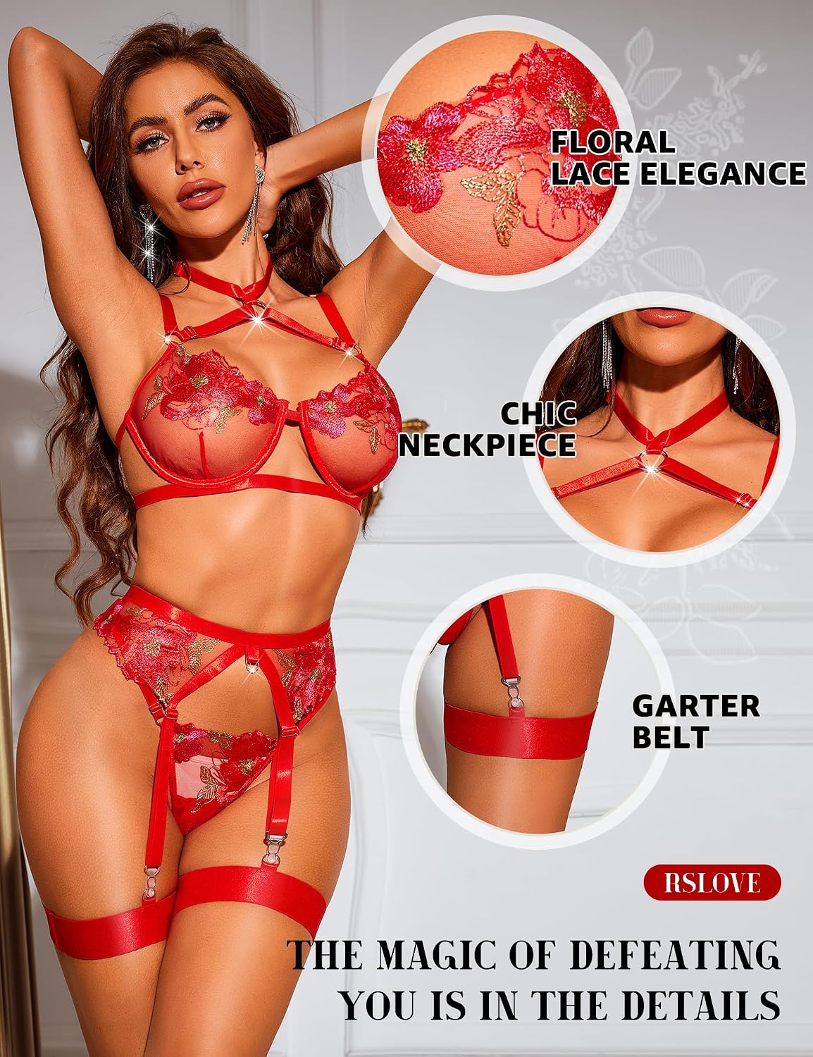 Detalle de RSLOVE lingerieset met gaasstoffen beha, bloemenpatroon en kousenband