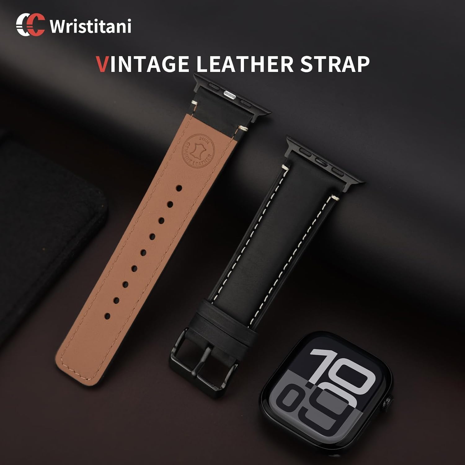 Detalle de Wristitani Bracelet Cuir Véritable pour Apple Watch — Compatible 38–49 mm (Series, Ultra) – Bracelet de Rechange en Cuir