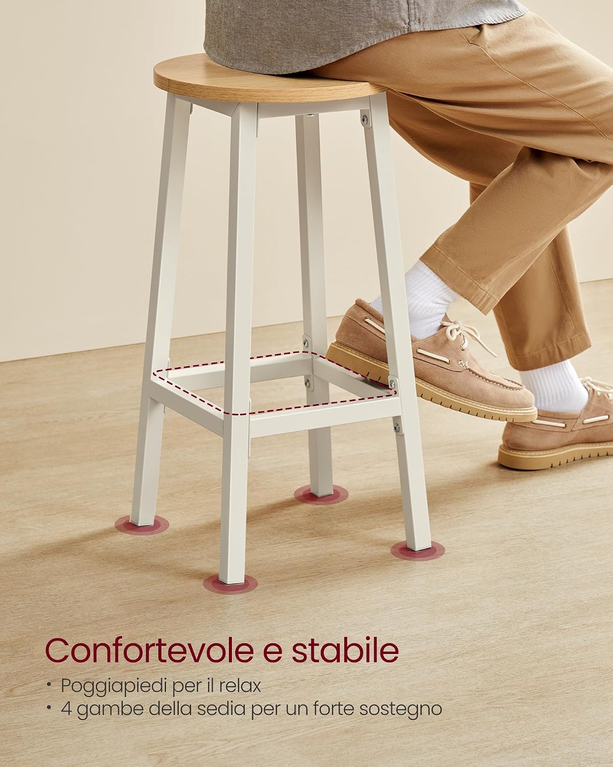 Detalle de VASAGLE Set di 2 Sgabelli da Bar 65 cm in Metallo con Poggiapiedi – Beige Rovere e Bianco, LBC032W09