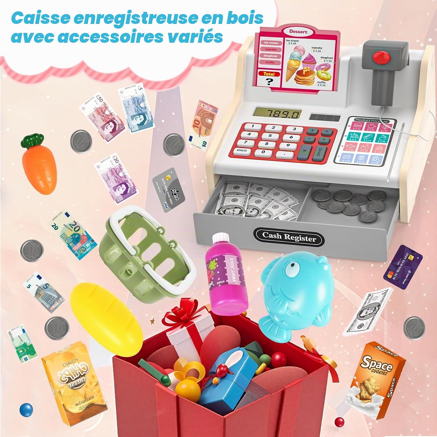 Thumbnail 3 de maysida 818-503M houten speelgoedkassa met scanner en winkelaccessoires