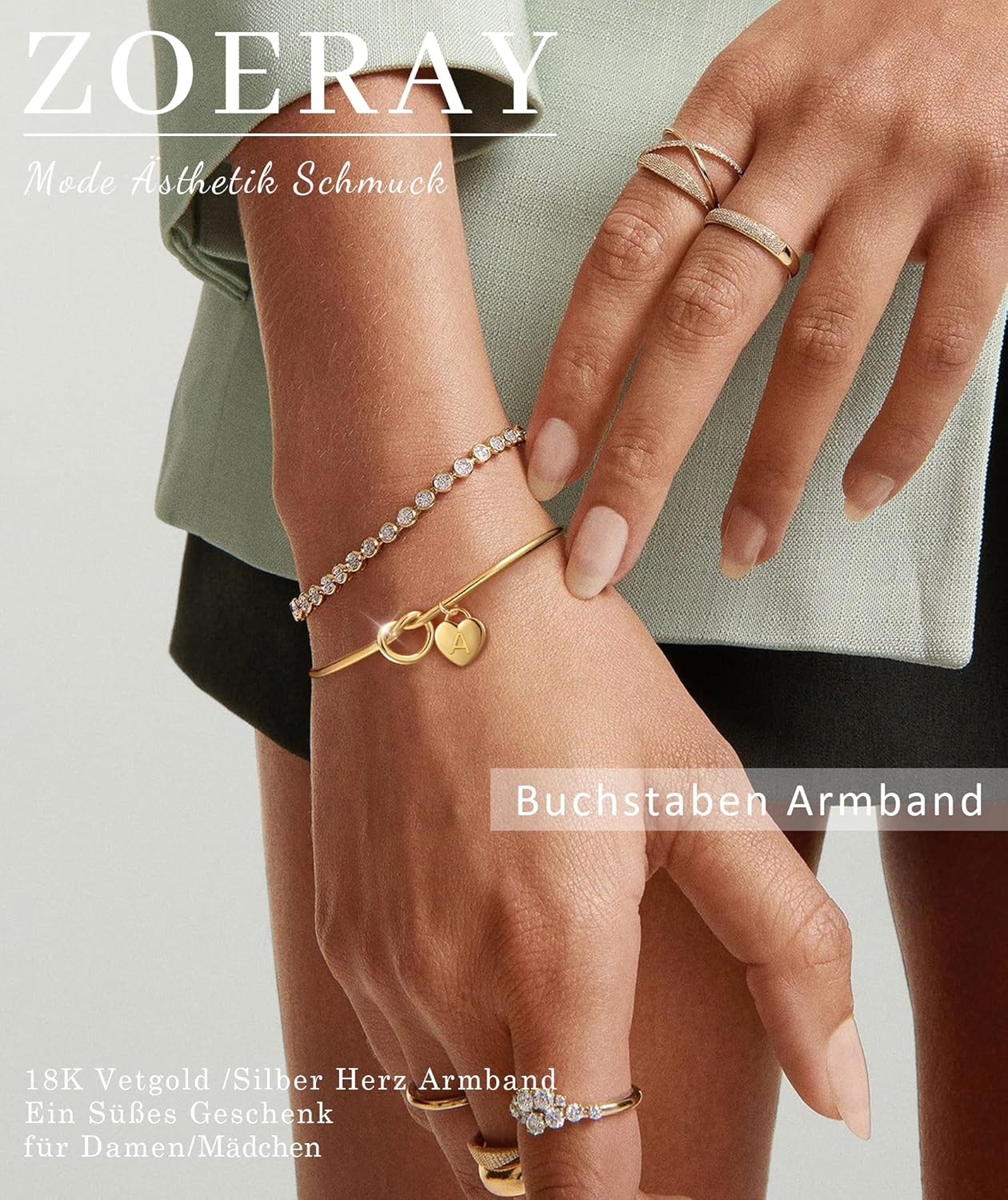 Thumbnail 1 de Bracelet personnalisé ZOERAY or jaune et argent 18K plaqué, nœud d’amour réglable avec breloque cœur (initiales A-Z)