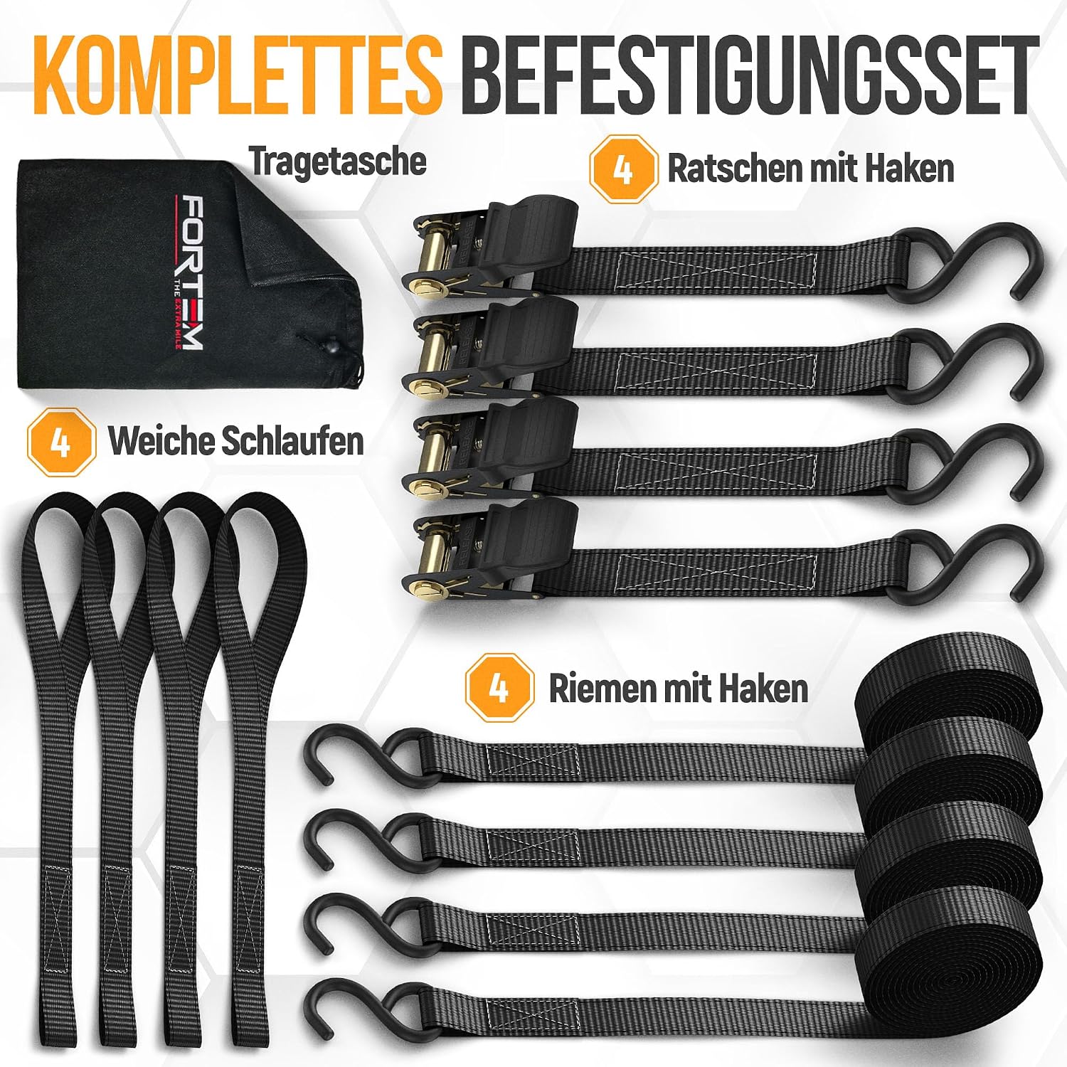 Detalle 2 de FORTEM Spanngurte-Set mit Ratsche und Haken, 4-teilig – inklusive Tasche