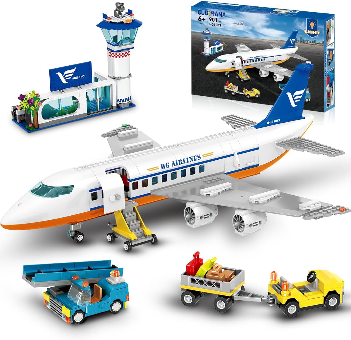 Detalle de CUBIMANA 901PCS Flughafen Bauspielzeug – Großes City Passagierflugzeug mit LED-Beleuchtung, Terminal, Turm und Gepäckwagen