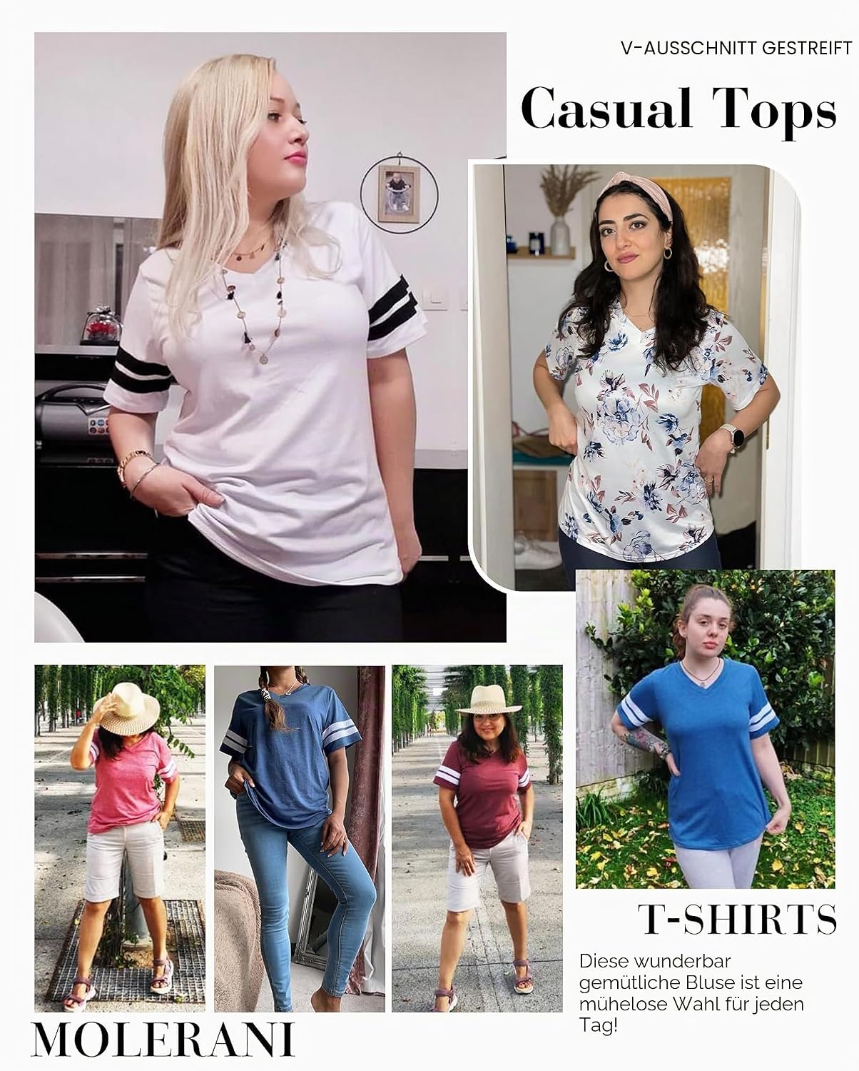 Detalle de MOLERANI Damen-T-Shirt Kurzarm V-Ausschnitt gestreift – Sommer-Top, Größe S–2XL