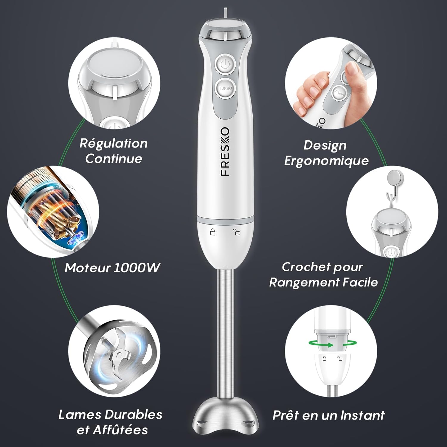 Thumbnail 1 de FRESKO Mixeur plongeant 4 en 1 HB3303 (1000 W) avec hachoir 500 ml et verre doseur 700 ml