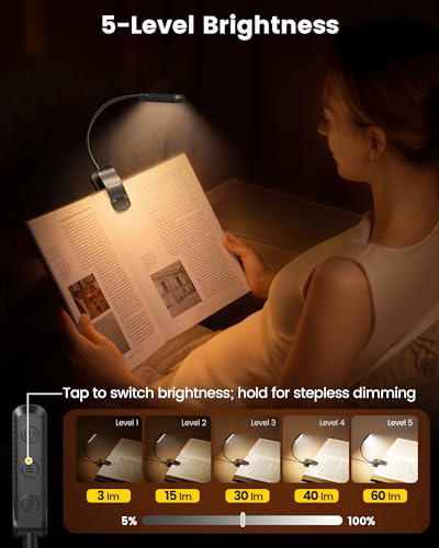 Detalle de Glocusent Lámpara de lectura con pinza y 13 LED para libros — 120 horas de autonomía, recargable, 3 colores y 5 niveles de intensidad