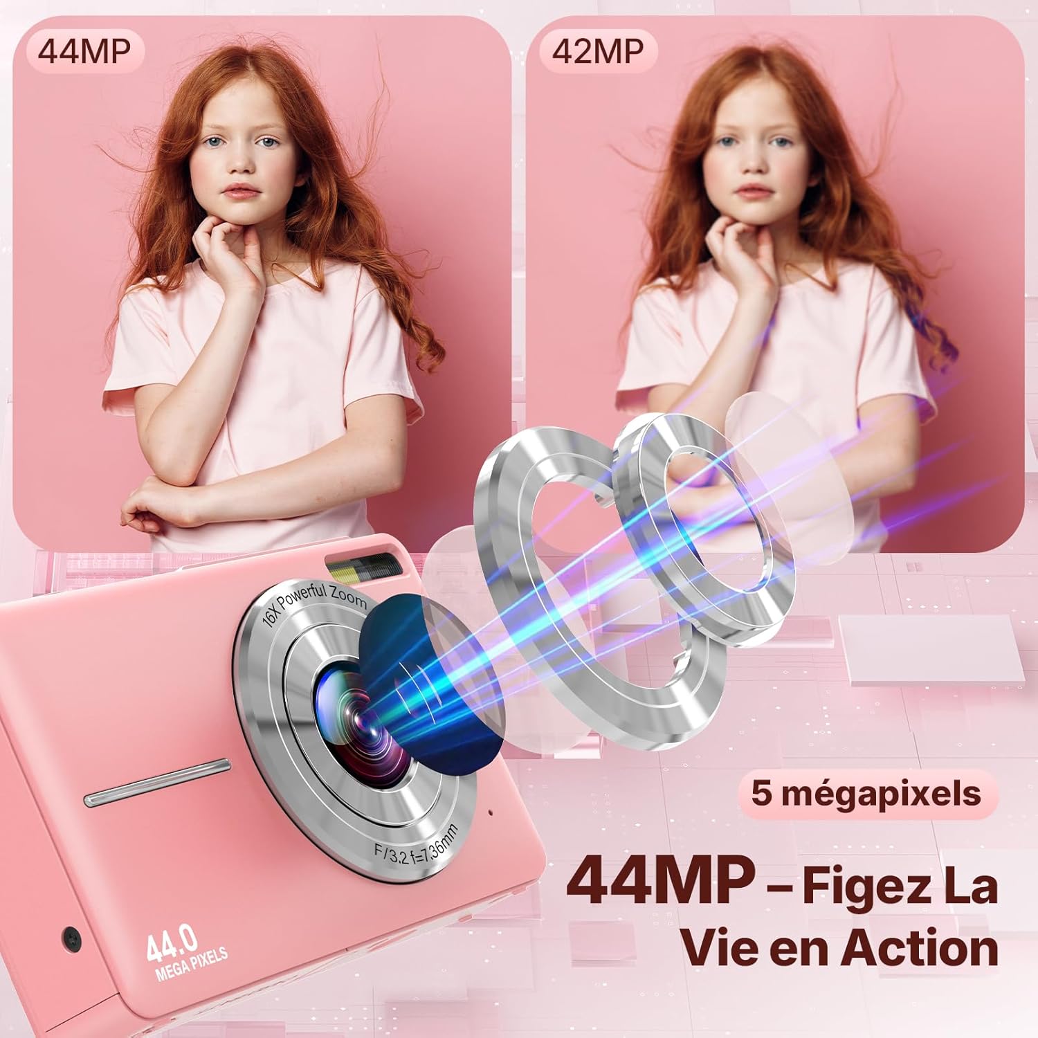 Thumbnail 2 de Appareil Photo Numérique compact rose 44 MP avec écran IPS 2,4”, zoom numérique 16X et anti-tremblement
