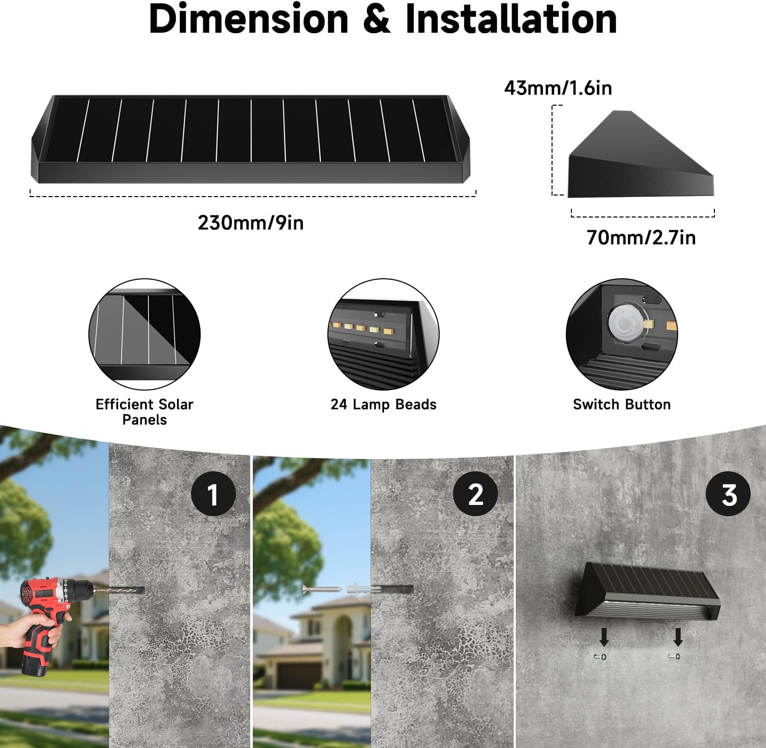 Detalle 2 de Electight Solar Fence Lights Outdoor Garden (Long 9'') — 4 Pack, 24 LEDs, IP65 Waterproof
