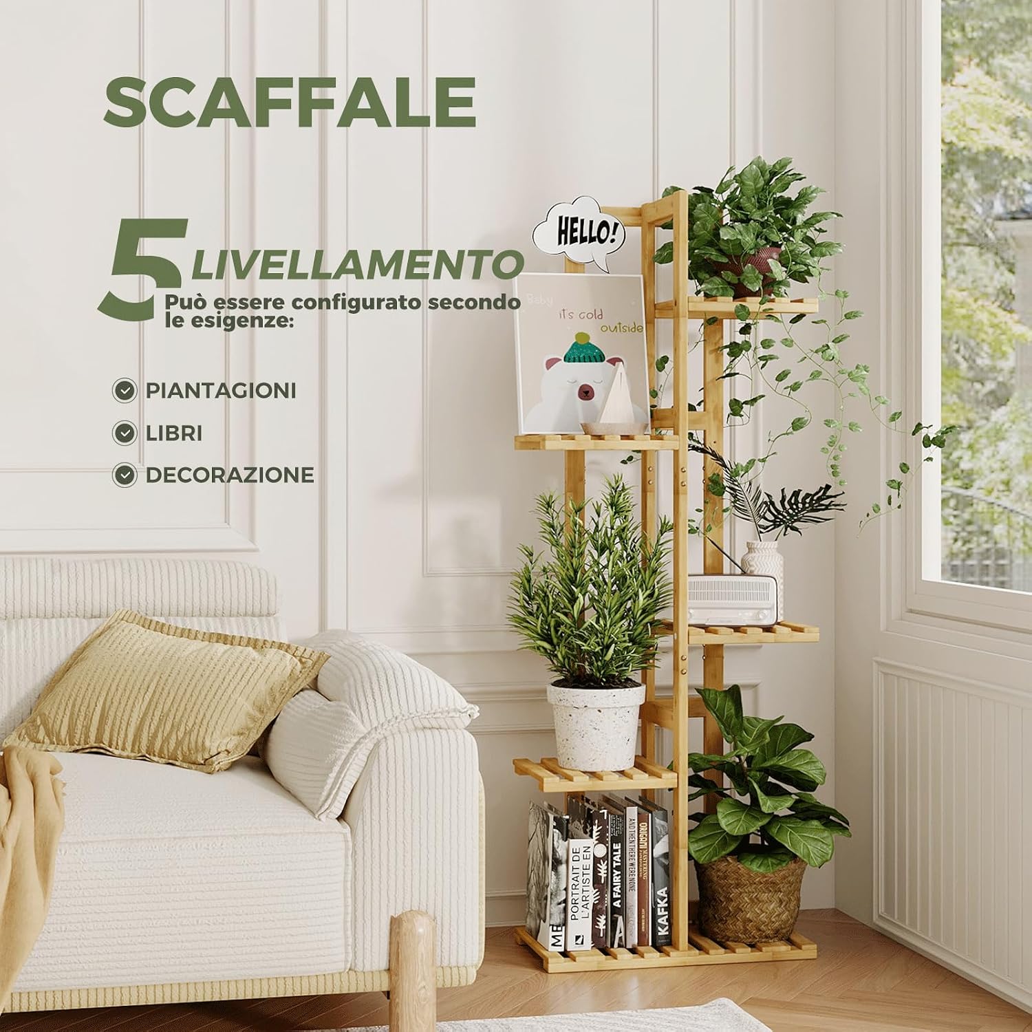 Thumbnail 1 de Bamworld Porta Piante da Interno in Bambu Naturale: Scaffale a 5 Livelli per Vasi e Fioriere