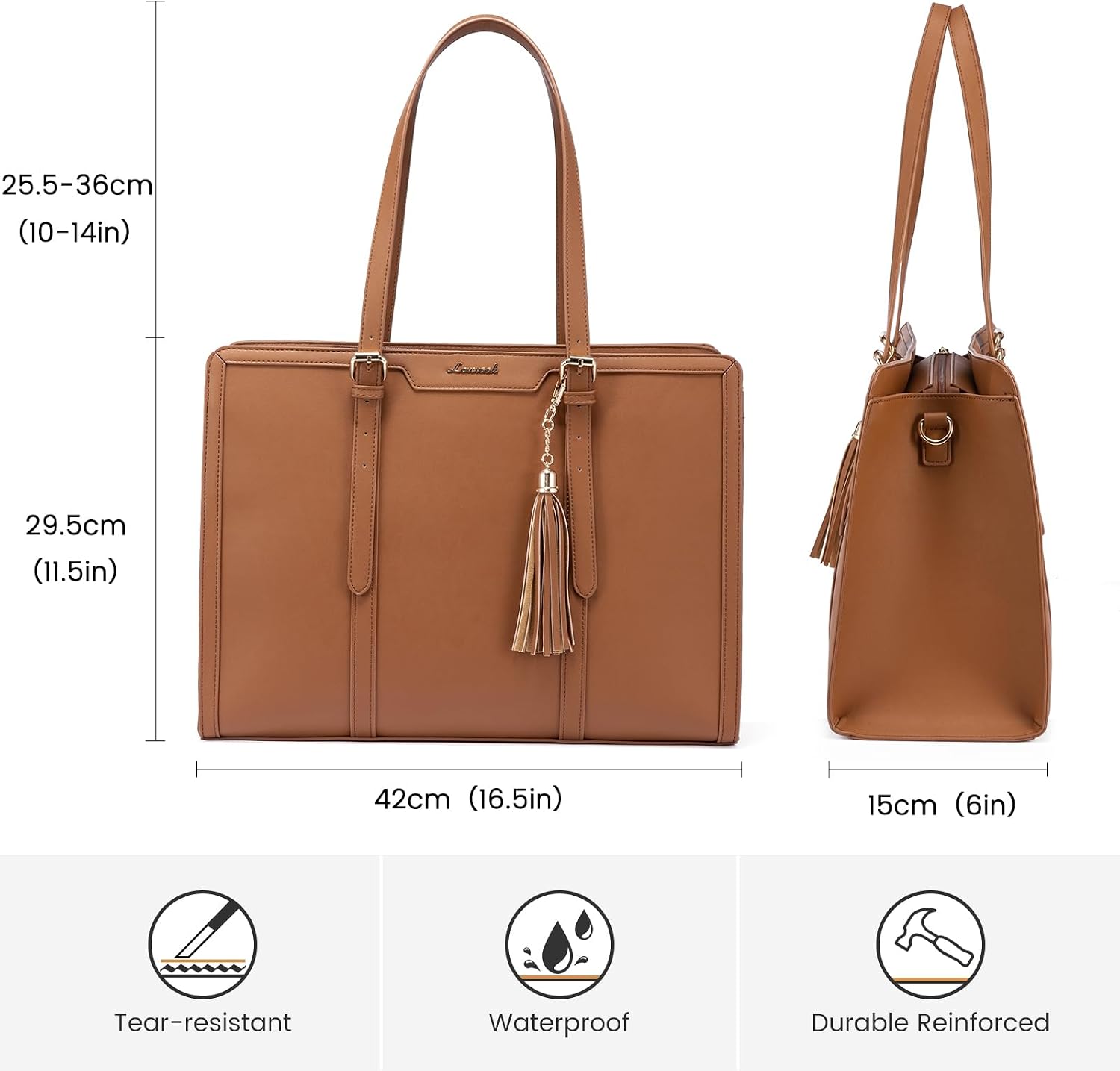 Thumbnail 5 de LOVEVOOK Laptop Tote Handbags for Women (15.6 inch) – Brown waterproof work bag with makeup pouch