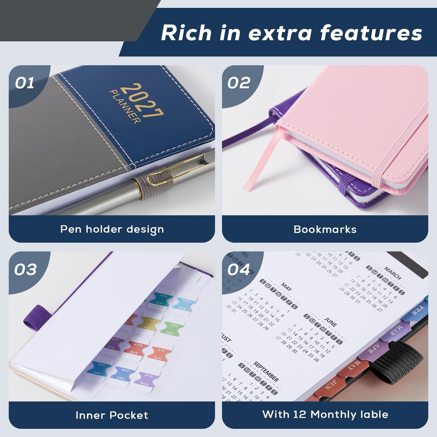 Detalle de PLANNITY 2027 Pocket Planner, Weekly and Monthly, 3.8 x 7-Inch Leather Cover
