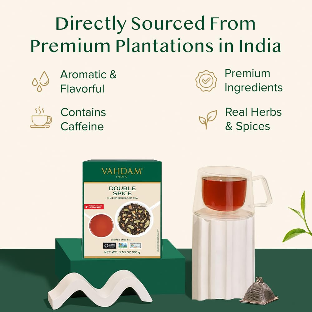 Detalle de VAHDAM Double Spice Chai Tee (100 g) – kräftiger Masala-Chai mit Schwarzem Tee und doppelter Gewürzmischung