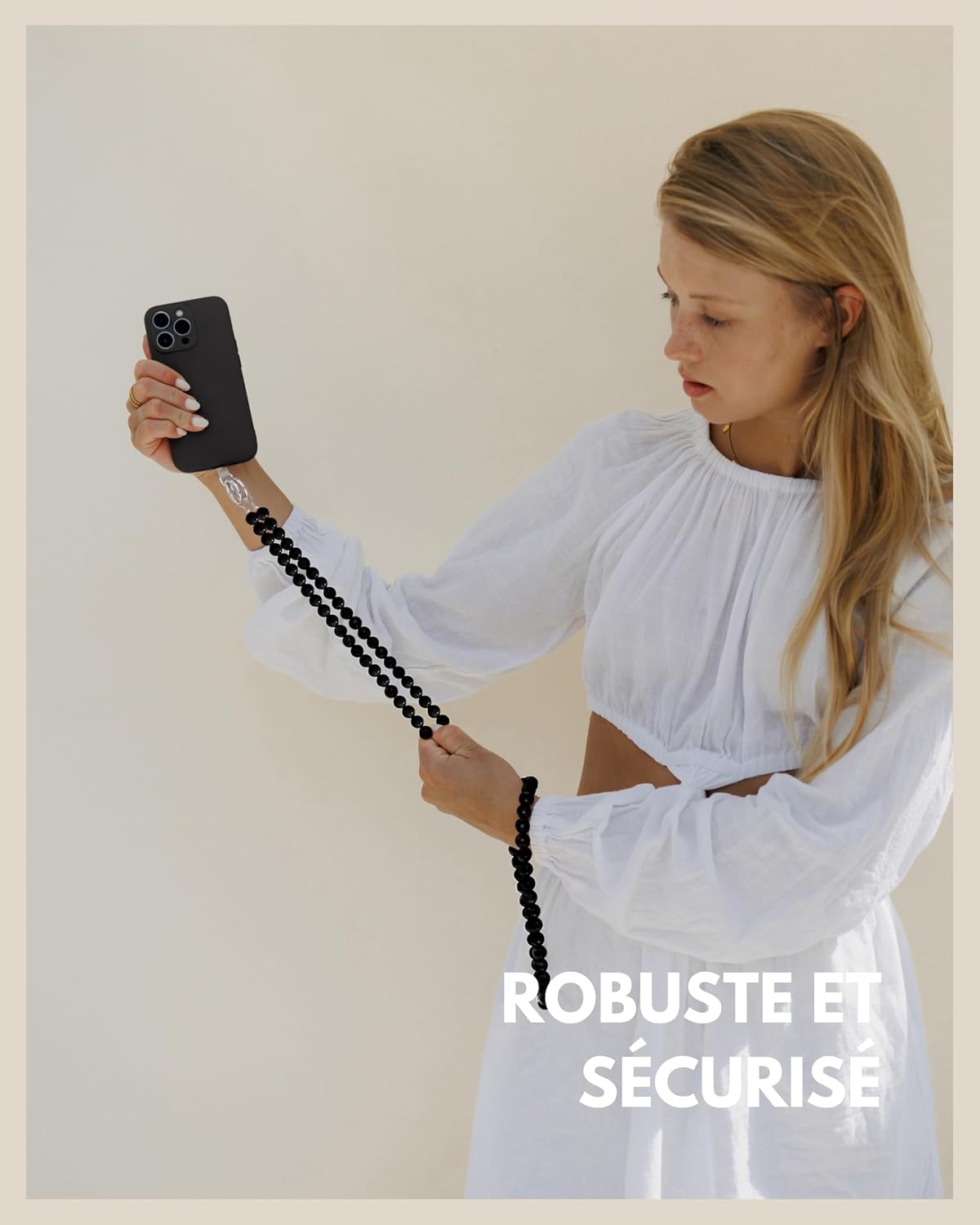 Detalle de GD GOOD.designs Chaîne de téléphone portable avec perles — Cordon universel et patch pour coque, 24 ou 130 cm, noir