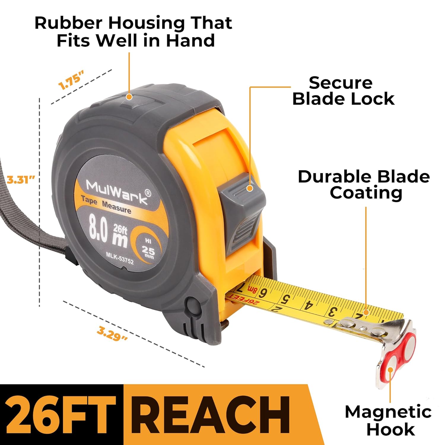 Detalle 2 de MulWark 8m tape measure Dual-scale, magnetic hook 📏