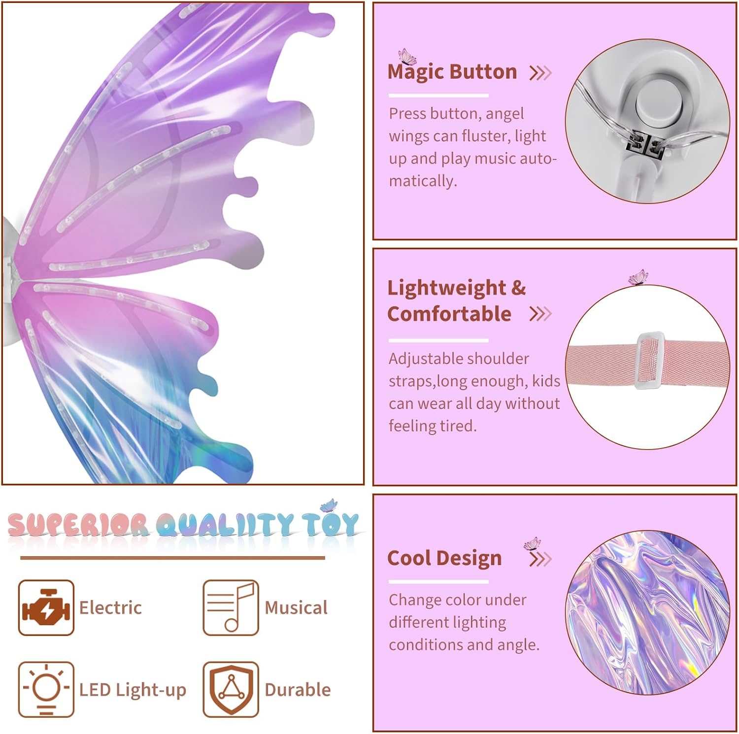 Detalle 2 de maysida Electric Fairy Wings for Girls: Light Up Butterfly Costume Wings with Music