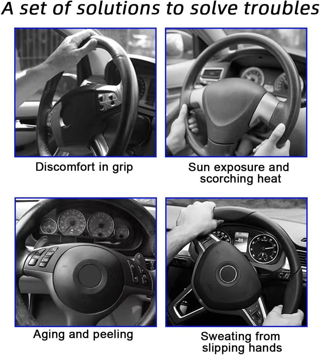 Detalle de Mandark Blue 3-Piece Leather and Carbon Fiber Steering Wheel Covers, 14.5–15-Inch Fit