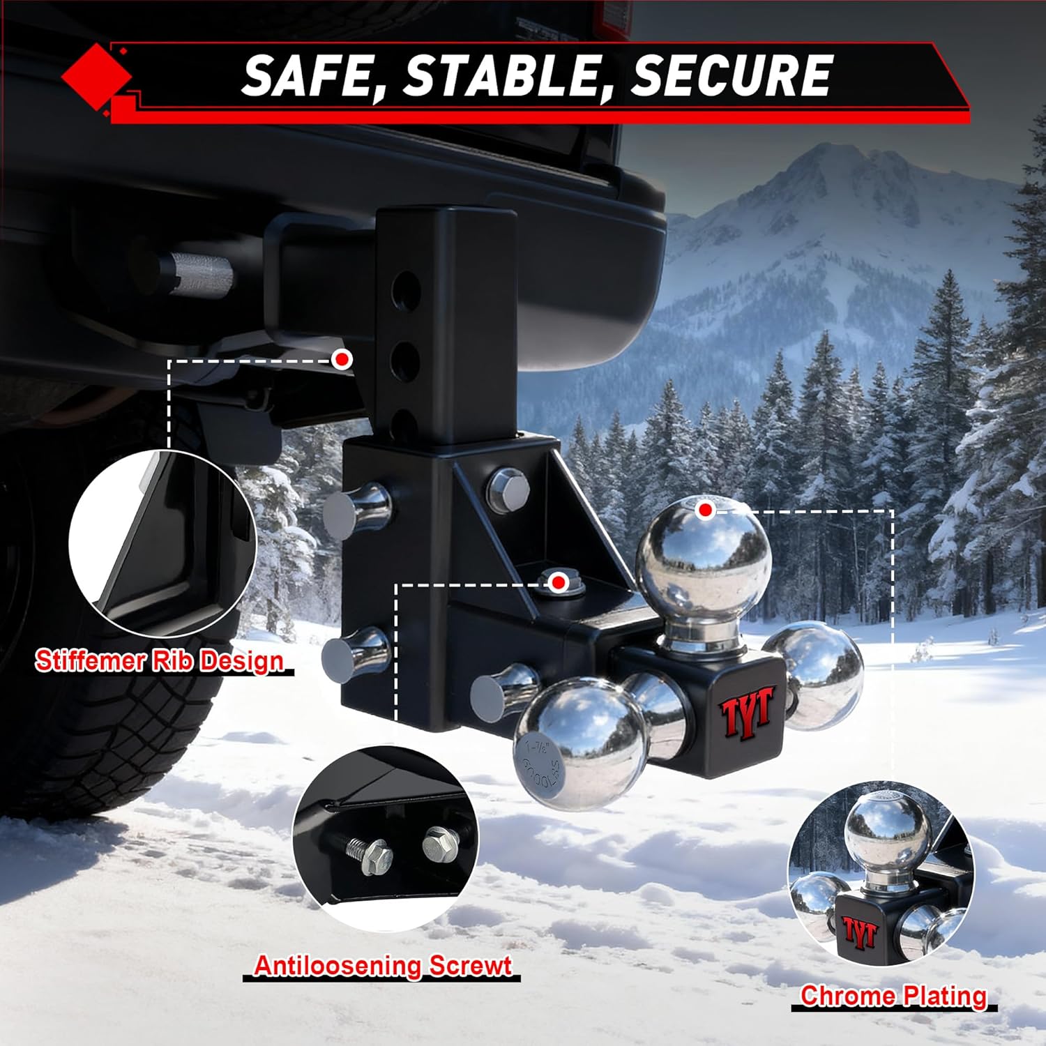 Thumbnail 3 de TYT Adjustable Tri-Ball Trailer Hitch 2 in Receiver 10000/1000