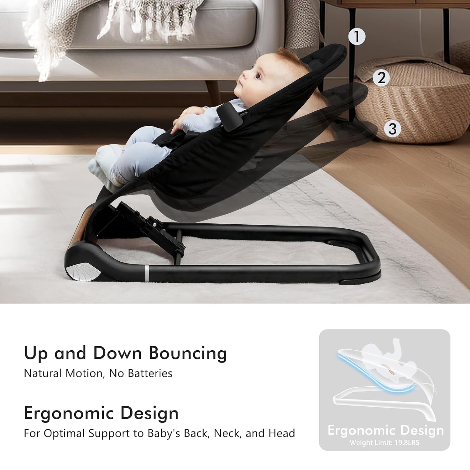Thumbnail 1 de TotRun Baby Bouncer Chair, Black, 3-Level Height Adjustment, Machine-Washable Seat