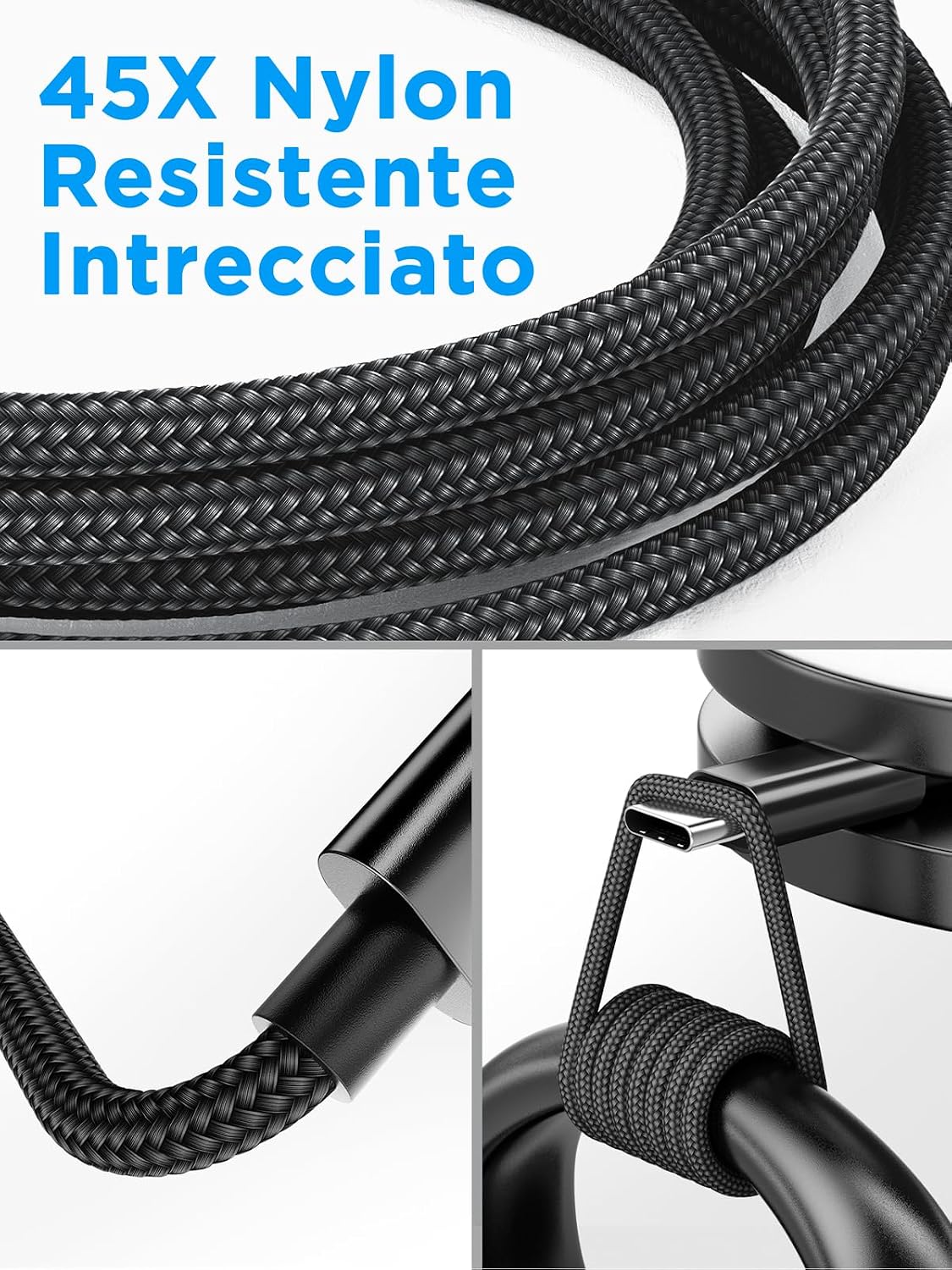Detalle 2 de Aioneus Cavo USB Type-C 1M+2M: set duali nylon, ricarica rapida e trasferimento dati affidabile