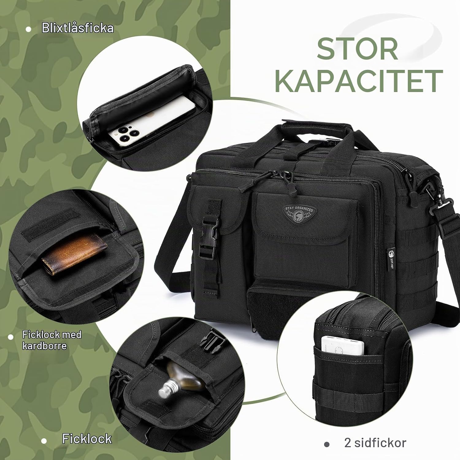 Detalle de BAGZY taktisk axelväska med avtagbar rem och flera fack