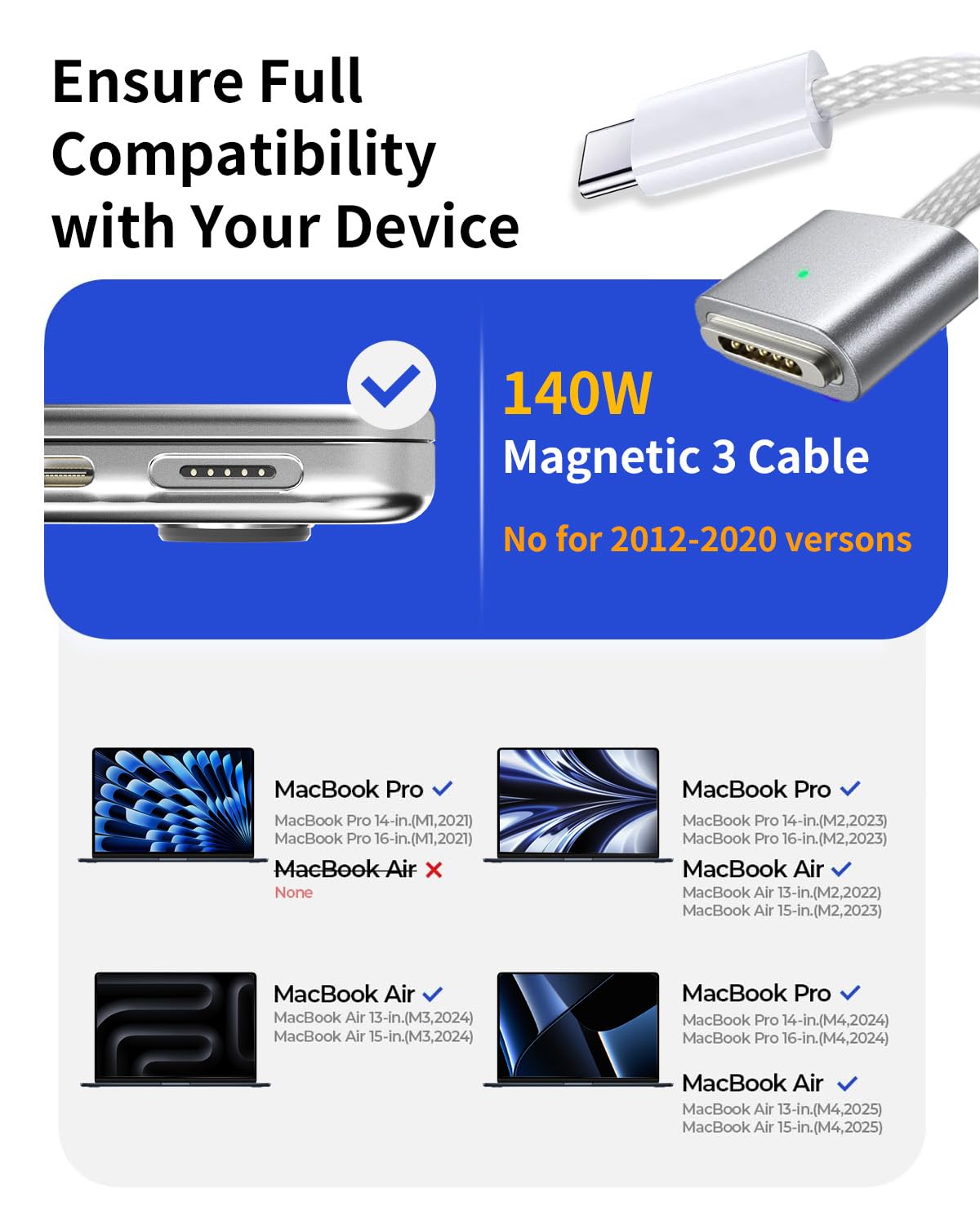 Thumbnail 1 de SURGKET USB-C to Mag 3 Cable for MacBook Pro/Air 2021–2025 (M1–M4, 14–16in) – Nylon Braided 2m