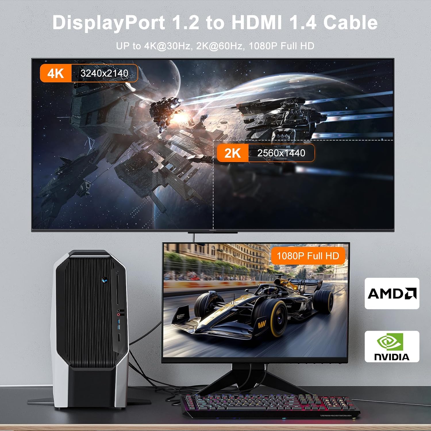 Detalle 2 de 4K DisplayPort-auf-HDMI-Kabel (DP 1.2 zu HDMI 1.4), 2 m, unidirektional – für PC zu HDMI-Monitor
