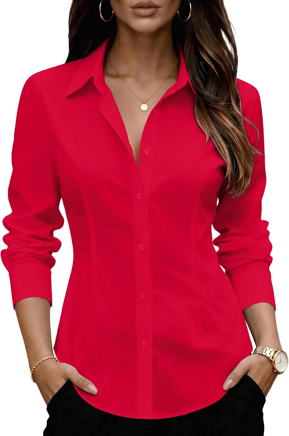 Detalle de Zeagoo Women's Wrinkle-Resistant Button-Down Shirt, Long Sleeve