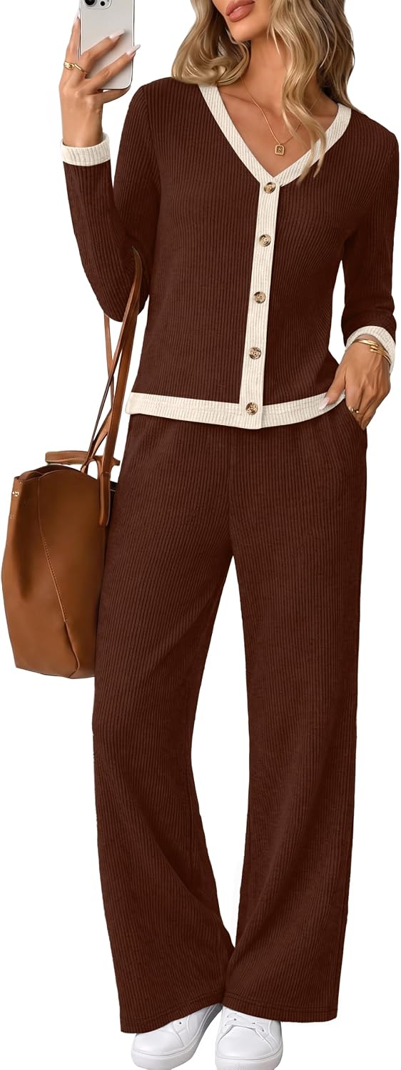Detalle de WIHOLL Women's Loungewear Set Ribbed Knit