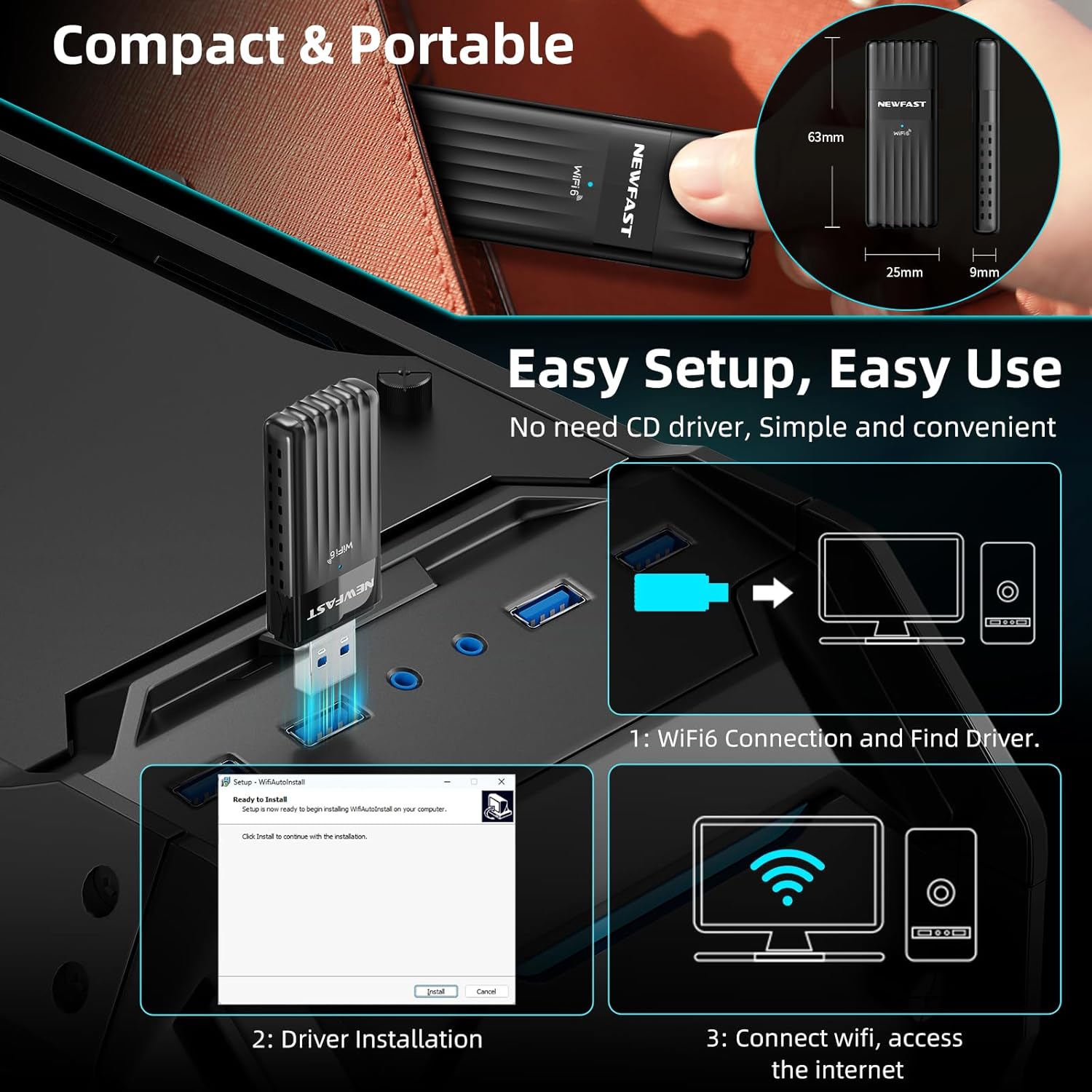 Thumbnail 6 de NEWFAST WiFi6 AX3000 Dual-Band USB 3.0 Dongle for Windows 10/11