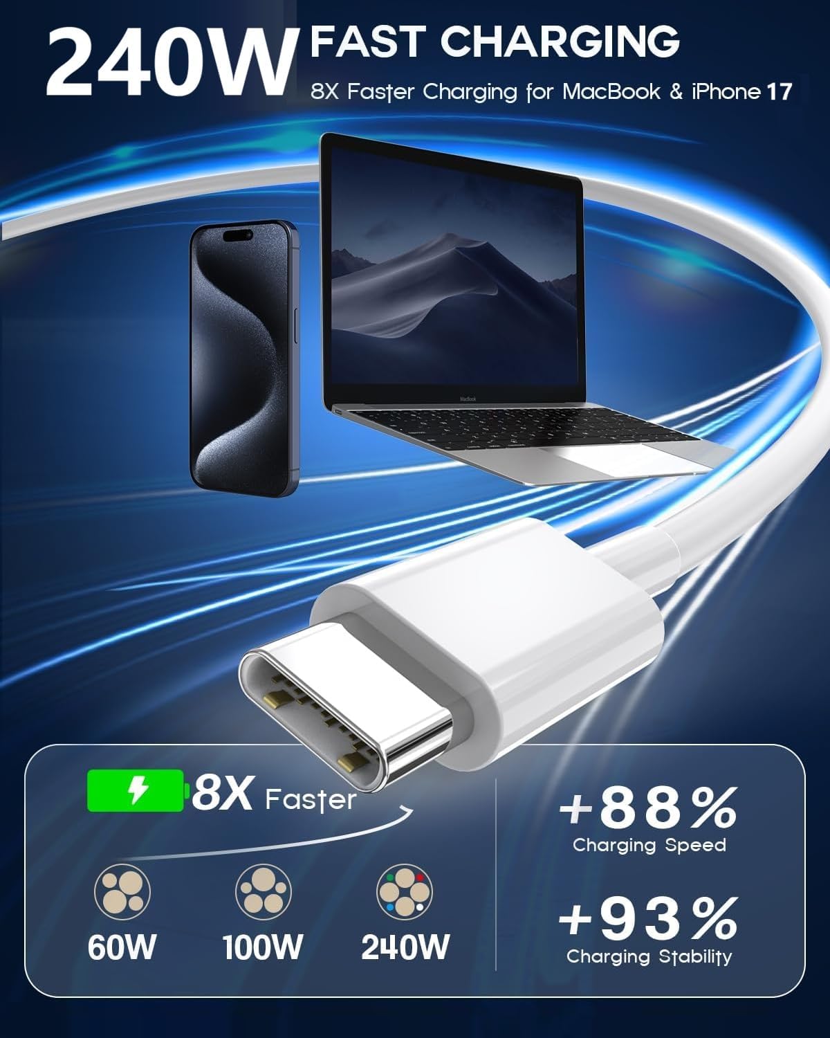Thumbnail 2 de 240W USB-C to USB-C Cable (1m + 2m) for fast charging MacBook, iPad and iPhone