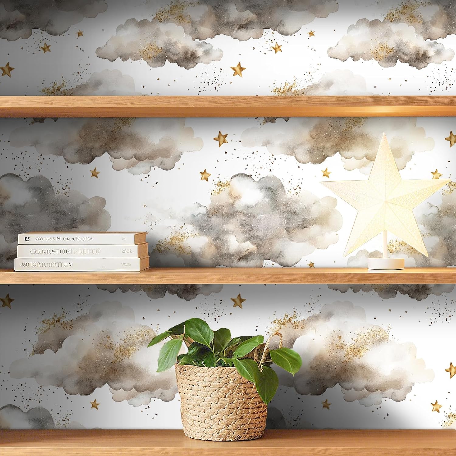 Detalle 2 de FunStick Wolke und Stern Tapete für Kinderzimmer (selbstklebend, abziehbar) in Weiß/Grau, 44,5 cm × 3 m